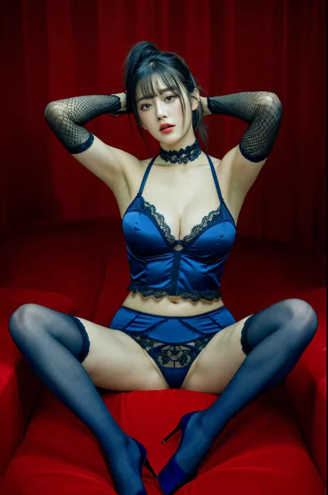 top-quality, ​masterpiece, 超A high resolution, (Photorealsitic: 1.4), ((sitting and spreading her legs))、Raw photo, Japan idle、Black Hair Ponytail, Dark blue lace underwear 、T back、 fishnet tights、Colossal tits、Opening Mouth、(Hands behind the head)、full bo...