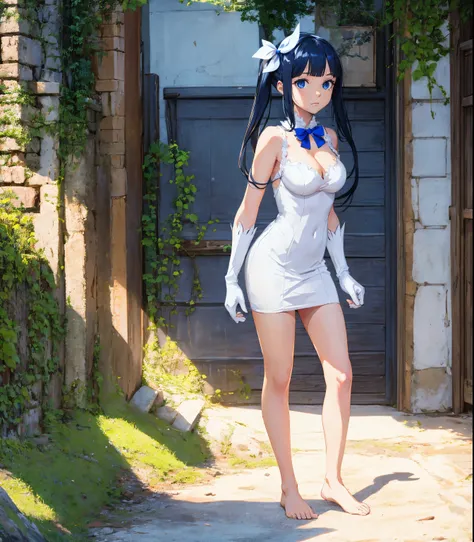 danmachihestia, hestia, blue eyes, black hair, twintails, 
break barefoot, blue bow, blue bowtie, bow, bowtie, cleavage, cleavag...