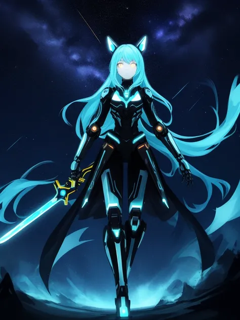 tiny girl，white color hair，dyed cyan hair，Long whit hair，Glowing cyan eyes mechanical animal ears，He was holding a large white sword in his left hand，full body Esbian，looking at the stars，Chosen Ji，Cyberpunk Personality，A futuristic，neon light，Cinematic co...