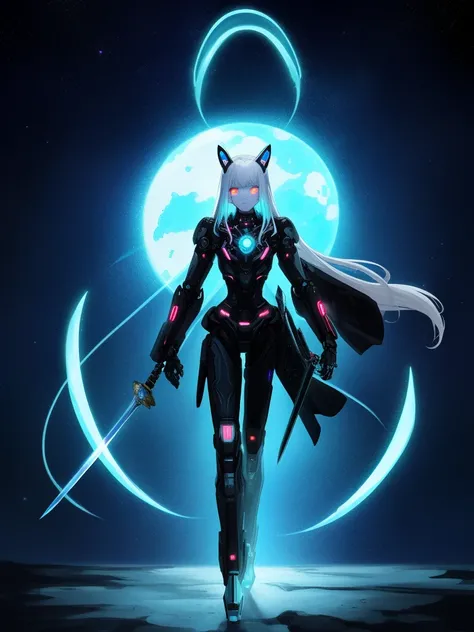 tiny girl，white color hair，dyed cyan hair，Long whit hair，Glowing cyan eyes mechanical animal ears，He was holding a large white sword in his left hand，full body Esbian，looking at the stars，Chosen Ji，Cyberpunk Personality，A futuristic，neon light，Cinematic co...