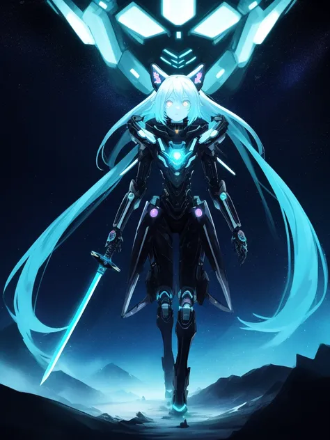 tiny girl，white color hair，dyed cyan hair，Long whit hair，Glowing cyan eyes mechanical animal ears，He was holding a large white sword in his left hand，full body Esbian，looking at the stars，Chosen Ji，Cyberpunk Personality，A futuristic，neon light，Cinematic co...