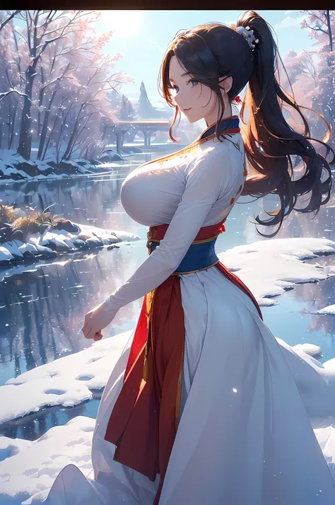 A beautiful woman, legendary, ((((realistic oil art, 46-year-old Empress, vibrant look, (( red hanfu dress, wuxia, dancing, dance, modest)), top of the mountain, 1girl, masterpiece, extremely detailed, (beautiful detailed glow), lens flare, red flare lens,...