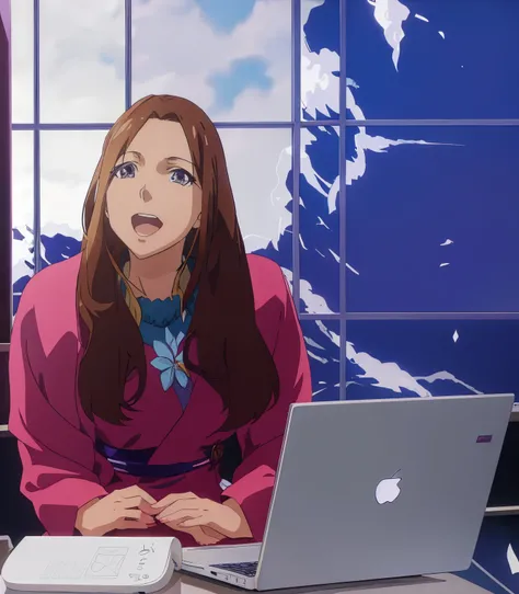 anime woman sitting at a desk with a laptop computer, elegant face talking woman, still from tv anime, anime young woman, todays featured anime still, anime film still, in the anime film,