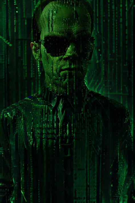 agent smith from the movie &quot;the matrix&quot; aims a colt pistol at the viewer, 16-bit resolution, matrix style, greenscale,...