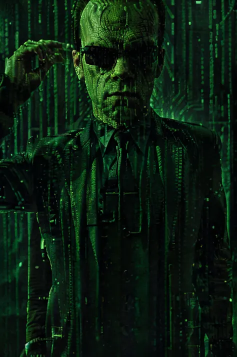 agent smith from the movie &quot;the matrix&quot; aims a colt pistol at the viewer, 16-bit resolution, matrix style, greenscale,...