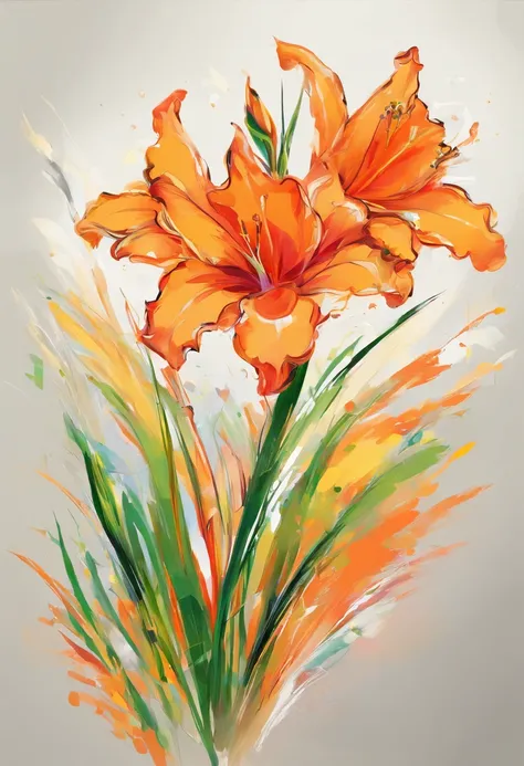 Draw an abstract painting of a single flower.,bright orange gladiolus flowers、use acrylic paint、Abstract artist known for his unique use of acrylic pouring, real brush strokes，aesthetic composition，Minimal style, Powerful, exploratory shapes, bold stroke r...