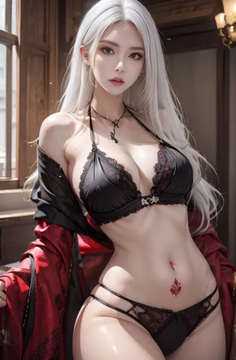 photorealistic portrait, high-res, 1 woman, bara, Hip up, look at viewer, (detailed face), White Hair, long-haired, mediuml breasts, Black lace bikini, Belly tattoo, Red tattoo