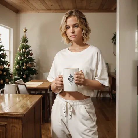 8k, best quality, (photorealistic:1.4), 1girl, blond hair, short hair length, wavy hair, athletic, wearing an oversized white tshirt and sweats, pose: holding a coffee mug and looking at a christmas tree