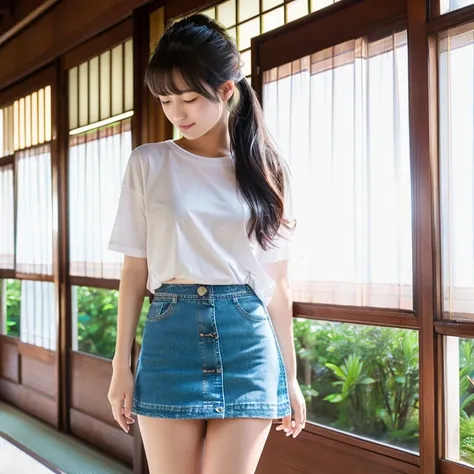 An ultra-high picture quality、Perfect Photo、japanes、Japan female college student、medium udder、white t-shirts、Lace curtains、(Denim Mini Skirt)、Four-legged walking、Bun hair、A little panties are visible、