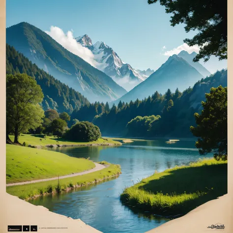 Create a poster with the theme of mountains, rivers, forests, fields, lakes, grass, sand,  and sea.