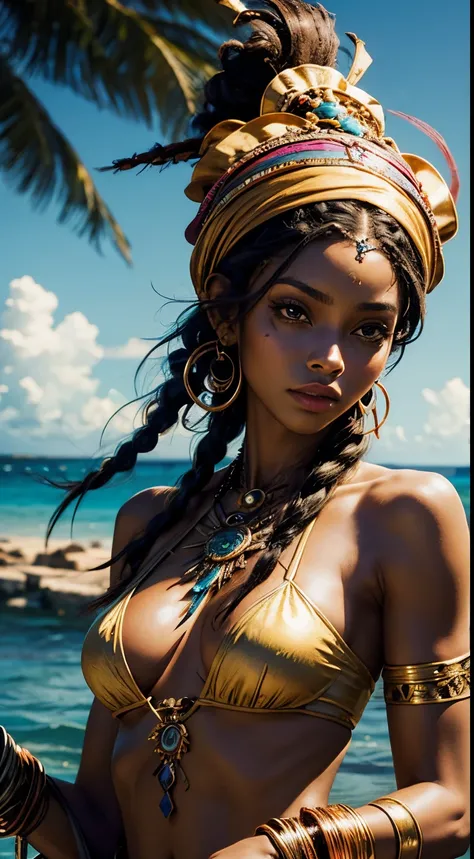 1 woman, beautiful Caribbean woman, smaller head, brown eyes, toned body, mysterious, voodoo shaman costume, bohemian turban, masterpiece, ultra HD, realistic masterpiece, blurred background, archipelago, dynamic poses, perfect hands, perfect face, perfect...