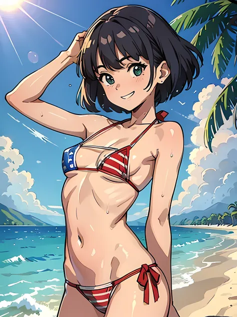 ((masutepiece)), ((Best Quality)), (Ultra-detailed), ((Extremely detailed)), 4K, (8K), Best Quality, Flat color, heavy outline, sharp outline, 1girl in, Solo, grin, A soaking wet 15-year-old girl wearing an American flag bikini, Wet skin, brunette very sho...