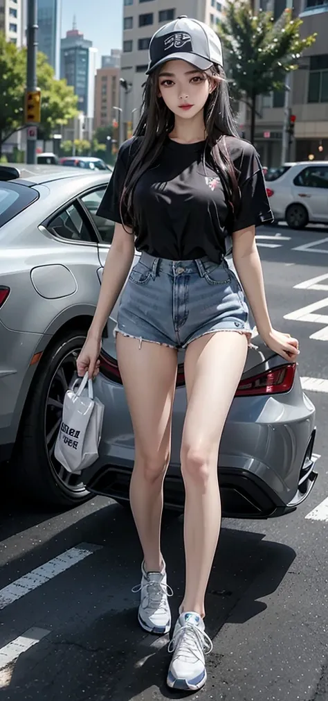 realisticlying, A high resolution, 1 Women, Alone, pretty eyes, view the viewer, Close the lips, 详细的脸,，Long gray hair, big chest and thin waist，long leges，Raised sexy，The kinky  exposed，baseball cap，tall female high school student（dressed in：比基尼，，Sports sn...