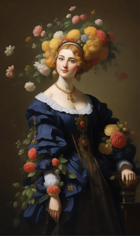 painting of a woman with a flowered headpiece and a fan, wearing yellow dress, inspired by Bartholomeus van der Helst, turban of flowers, :yellow dress: rans hals style, inspired by Frans Hals, inspired by Willem van Haecht, inspired by Gerard de Lairesse,...