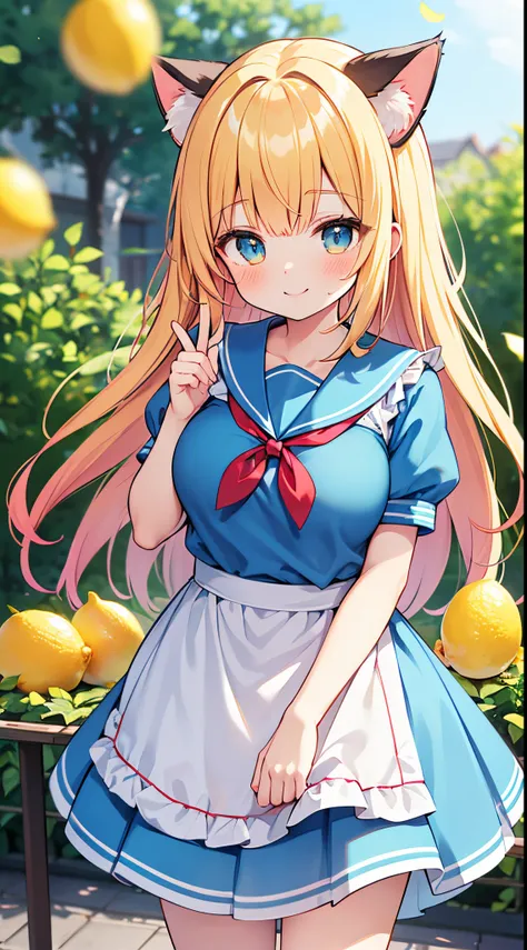 best quality, 4k, close up, (alice in wonderland), long hair, two side up, lemon yellow hair, red hair ribbon, cat ears, ((light...