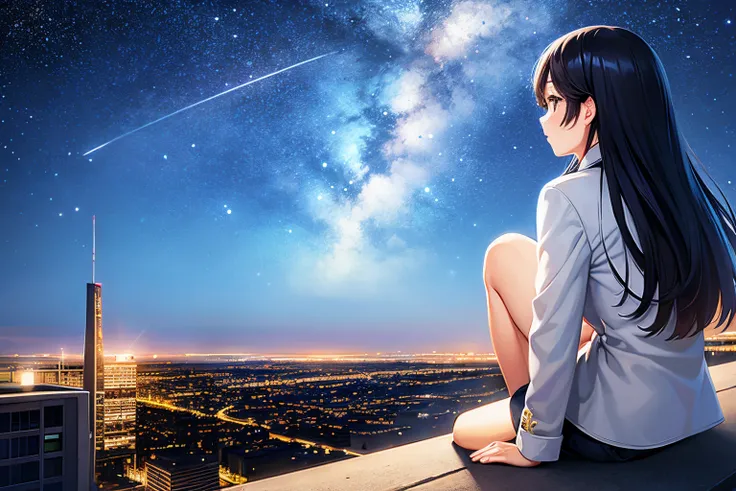 octans, sky, star (sky), scenery, starry sky, night, 1girl, night sky, solo, outdoors, signature, building, cloud, milky way, sitting, tree, long hair, city, silhouette, cityscape