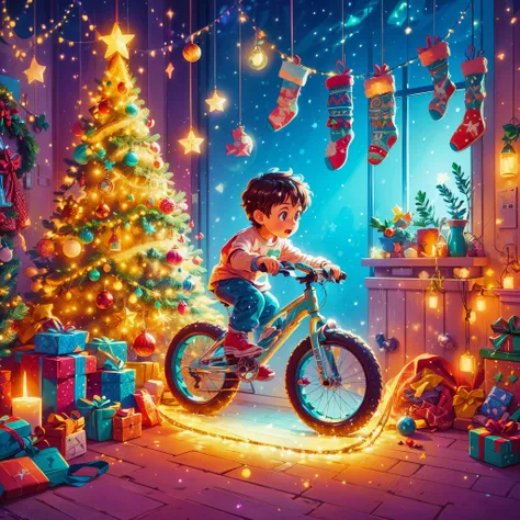 (((Vector illustration style))), bright colors, magical atmosphere, whimsical, sparkling, dreamy Christmas world in cozy room with Christmas New Year decorations, Christmas tree, gifts, Christmas stockings, in the center, 1 little boy riding a high Tech Me...