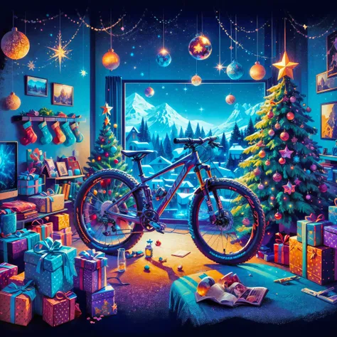 (((Vector illustration style))), bright colors, magical atmosphere, whimsical, sparkling, dreamy Christmas world in cozy room with Christmas New Year decorations, Christmas tree, gifts, Christmas stockings, in the center, 1 little boy riding a high Tech Me...