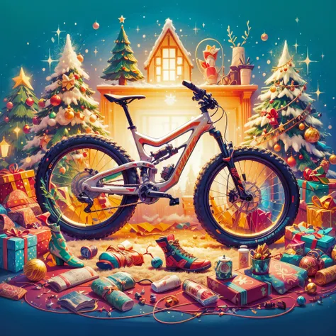 (((Vector illustration style))), bright colors, magical atmosphere, whimsical, sparkling, dreamy Christmas world in cozy room with Christmas New Year decorations, Christmas tree, gifts, Christmas stockings, in the center, 1 little boy riding a high Tech Me...