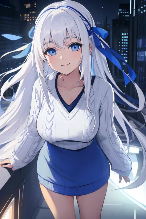 ((Masterpiece), (Best Quality)) (super detailed), ((((solo)))), fullbody, ((((white hair)))), long hair, ((((blue hairribbon)))), ((((blue eyes)))), smile, 18yo, (((blue V-neck sweater))), mini skirt, sleeves_past_wrists, Night, colorful cyberpunk city bac...