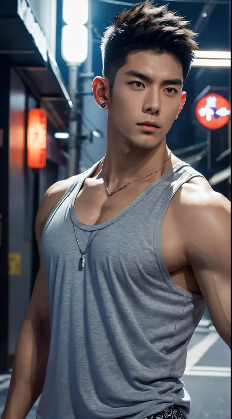 japanese male male model, big muscles, handsome, cool, smoothly combed hair, pierced ears, wearing a loose tank top, holding a l...