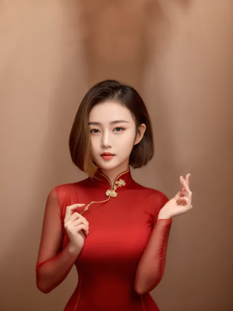 18-aged beautiful girl with kiss mount, wear red long aodai, closed dress, studio picture, happy emotion, tied short high hair, have a heart sign in the left hand