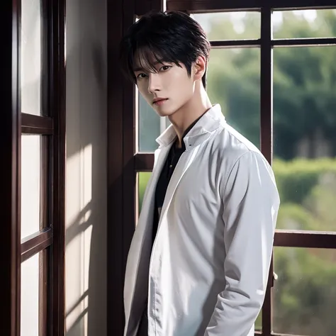 There is a man standing in front of the window, inspired by Zhang Han, inspired by Yanjun Cheng, Cai Xukuns, anime handsome guy, Anime portrait of a handsome man, handsome guy in demon slayer art, yangjun chen, Handsome stunning realistic, Handsome Anime P...