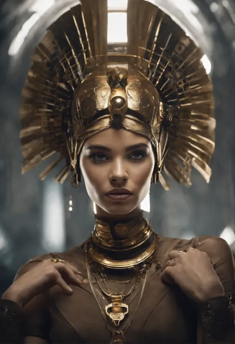 best quality, portrait of a beautiful, curvy woman i futuristic headdress inspired by an ancient egypt king, details, gold, silver, stones, scarab beetle, eyes protected by a transparent visor, transparent limestone, microchips, cabels, electric glow, retr...