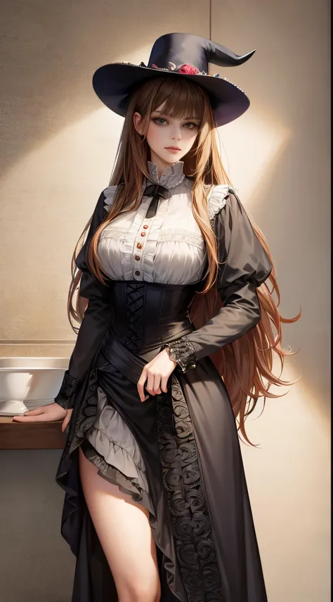 western fantasy，victoriana，A beautyful girl，The stands up，Austere clothininimalistic outfit