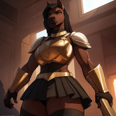 Tall_lanky_muscular_horse female solo black_hair dark_brown_furry_body green_eyes freckles Masterpiece best_quality absurdres highly_detailed breastplate battle_skirt gauntlets greaves cleanly_drawn_eyes  horse_snout anthro_only by_claweddrip, by_greasymoj...