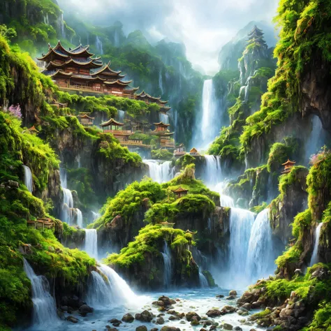 Many islands suspended in the air, airships flying large and small in the sky, martial arts, ancient Chinese architecture, waterfalls, fantasy, wonderland, growing magical plants, mist, extreme details, realistic light, epic composition, (intricate details...