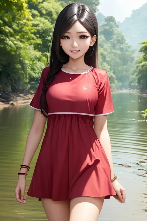 Wanita hamil indonesia,wajah cantik,berdiri di dalam sungai,di perkampungan,pakai baju wana putih,speed effect