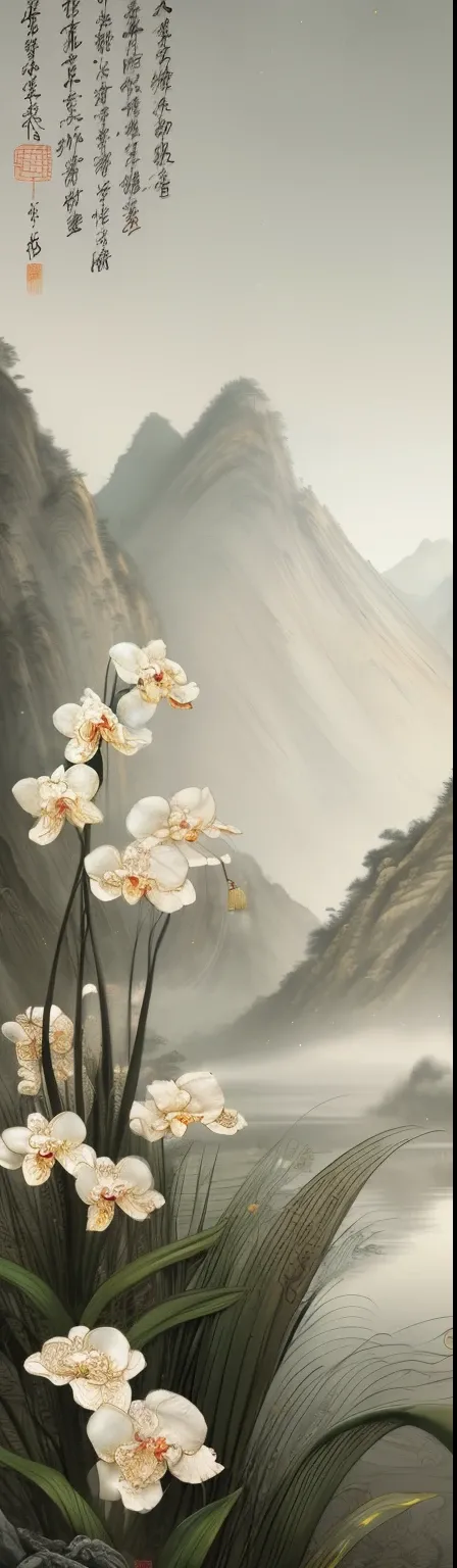 Ancient Chinese Ornate Embroidery Silk Art，Chinese，Chinese Zen Tea Culture and Art，ancient china art style，Ink blending，Fresh color tone，There are several white orchids in a white jade vase，gold embroidery，In line with ancient Chinese aesthetics，（tmasterpi...