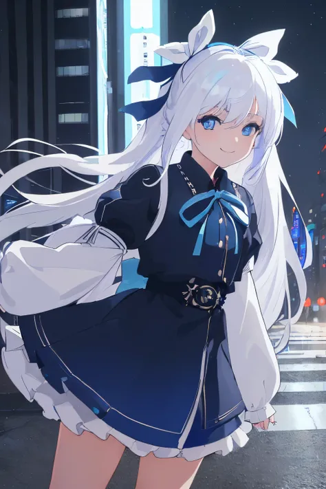 ((Masterpiece), (Best Quality)) (super detailed), ((((solo)))), fullbody, ((((white hair)))), long hair, ((((blue hairribbon)))), ((((blue eyes)))), smile, 18yo, mini skirt, sleeves_past_wrists, Night, colorful cyberpunk city background, winter, after rain...