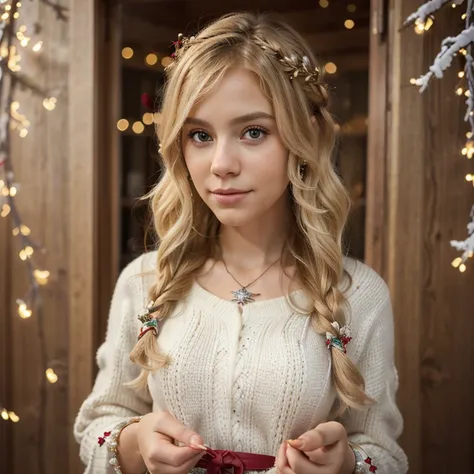 8k, best quality, (photorealistic:1.4), 1girl, blond hair, short hair length, wavy hair, Nordic, Beautiful hairstyle with decorations in hands something New Year, winter background, Salutes, Christmas decorations, A gift in hand, Garlands