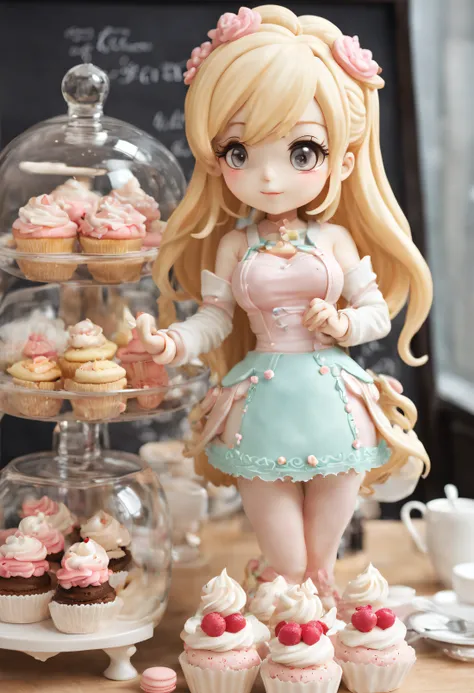 tmasterpiece, very detailed nipples, (Chibi:1.3), , (1 busty girl), Blonde hair, pastelcolor, comfortable atmosphere, Dessert display case, macaron, Cupcakes, acid, Cupcakes, coffee machines, Blackboard menu, natural  lightting, Glass jars filled with cand...