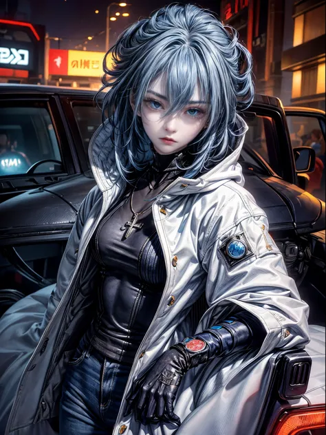 Cinematic lighting、16k picture quality、highlydetailed skin,(1girl in, Solo:1.2)、Best Quality,cyberpunked,(1beautiful woman、Detailed beautiful facial features hair、Blue hair、blue eyess:1.3)rosary necklace BREAK、white down jacket with hood、Knit tops with a s...