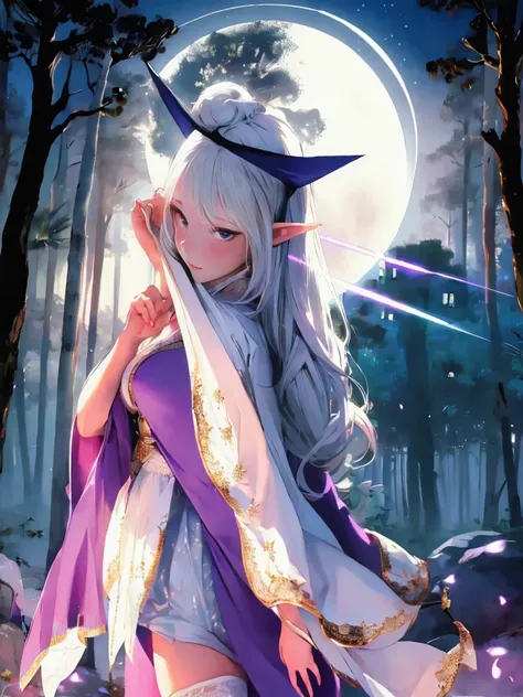 ultra detailed illustration of adult woman wearing purple thin robe, 4k, white stockings, elven archer, magic bow, magic arrow, white flowingwhite  hair, moonbeams, backlit, light particles, whimsical, masterpiece, image with a magical and enchanting night...