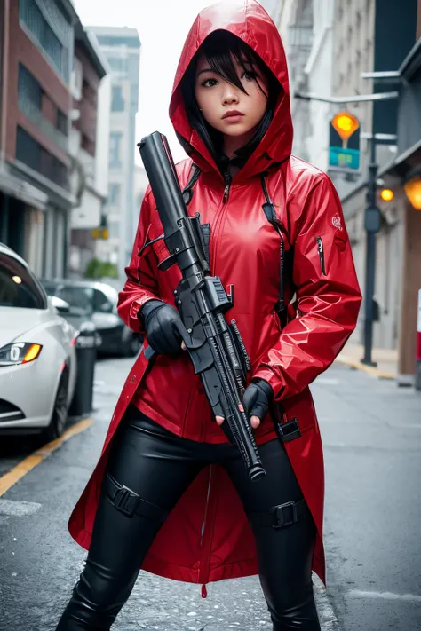 Red hood rain coat, girl, red, sniper, tactical combat, standing pose, holding futurusitic sniper