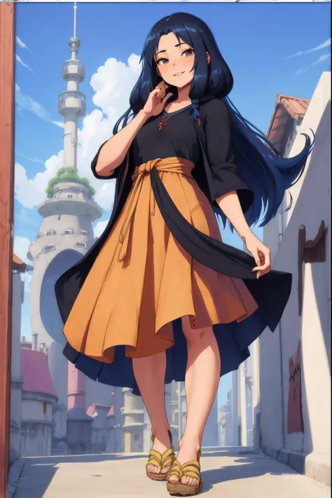 one-girl，Sweatshirt，Midi skirt，ssmile，Long hair with a shawl，Full body front，hayao miyazaki painting，Cute 3d rendering，Portrait anime，Handsome 3D anime man rendering，Cute and detailed digital art，stylized 3d render，3d rendered figure art 8k，