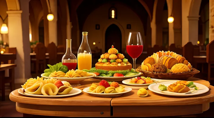 At nights, A set table inside an old mountain abbey, with bottles of wine, glasses filled with fruit juice, plates of various dishes: pasta, chicken, bread, desserts, cakes, muffins, salads, rice, meatballs, apples, nuts, hazelnuts, bananas, and pineapple.