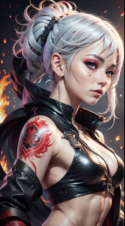 Viking girl, Chinese African korean anime style, tattoo, cyberpunk, edgerunner , white hair, red tattoo , dark background , short hair , red lipstick , burning hands , watercolor, splash