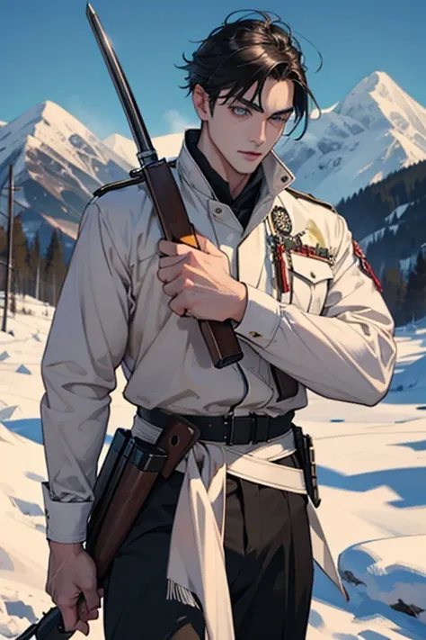 male people、hunter、handsome man、Eyes without highlights、snow mountains、carrying a hunting gun、bayonet