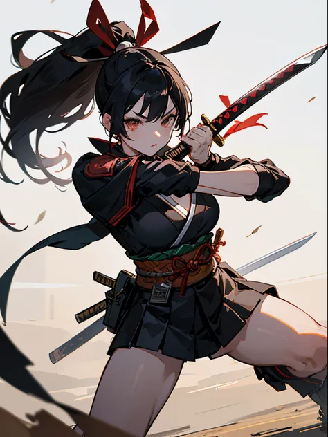 ​master piece,hyper quality, Hyper Detailed,Perfect drawing,Solo, Beautiful Girl, Samurai wielding a sword, Black ponytail, Hair tied up with a large red ribbon, Equipped with two Japan swords 、open stance, Dynamic Action Pose,Old Japan、battle field、wastel...