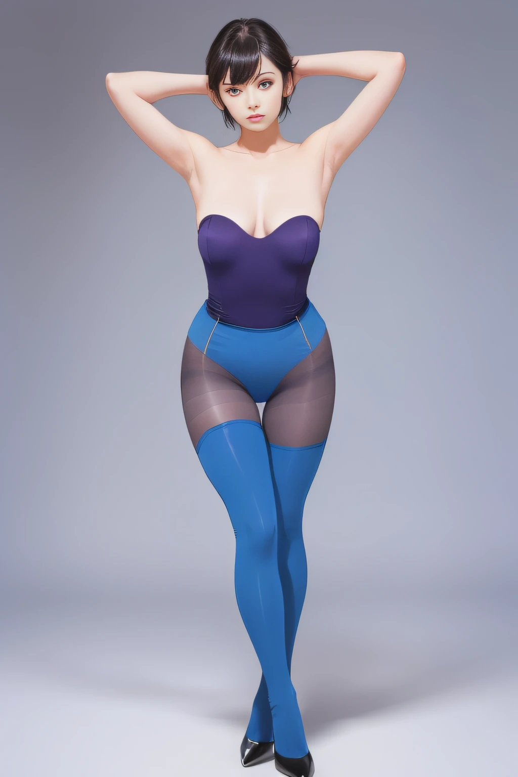 ((((A woman standing with her hands behind her head)))),sitting on ,rather thick body shape,High Leg Tube Top,high-heels,Shorthair,eye glass, ((((Wear plain blue tights all over your body.)))) --auto