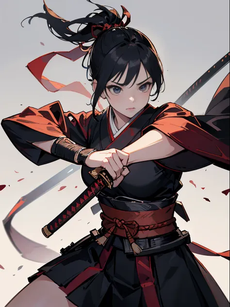 ​master piece,hyper quality, hyper detailed,perfect drawing,solo, beautiful girl, samurai wielding a sword, black ponytail, hair...