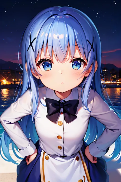 (((gochuumon wa usagi desu ka?))),(((Kafuu Chino))). long hair. Blue eyes.light Blue hair.(((masterpiece))).(((best quality))).)((ultra-detailed))).(((illustration))).(((put your hands on your hips))).(((night view))).short stature.Blue uniform.black skirt...