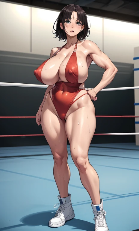 full body photographed、​masterpiece、top-quality、hight resolution、A dark-haired、 Standing、weak、High leg cut monokini,sports bikinis、white sporty boots、distressed face、Sweaty skin、Professional wrestling venues、professional wrestling、（（On the ring of professi...