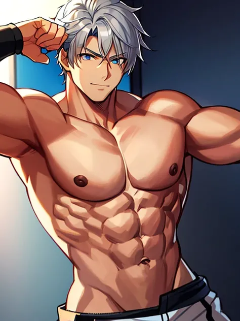 Muscular and sexy man flexing shirtless with gray hair looking at camera 2D anime illustration