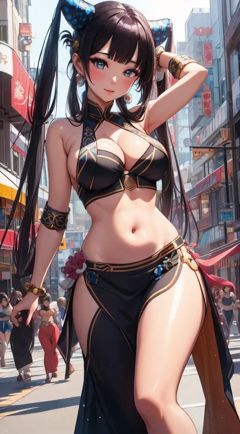 (best quality), 1girl, ultra-detailed, illustration, yang guifei, (bellydance), city street, crowd, makeup, glossy lips, audienc...